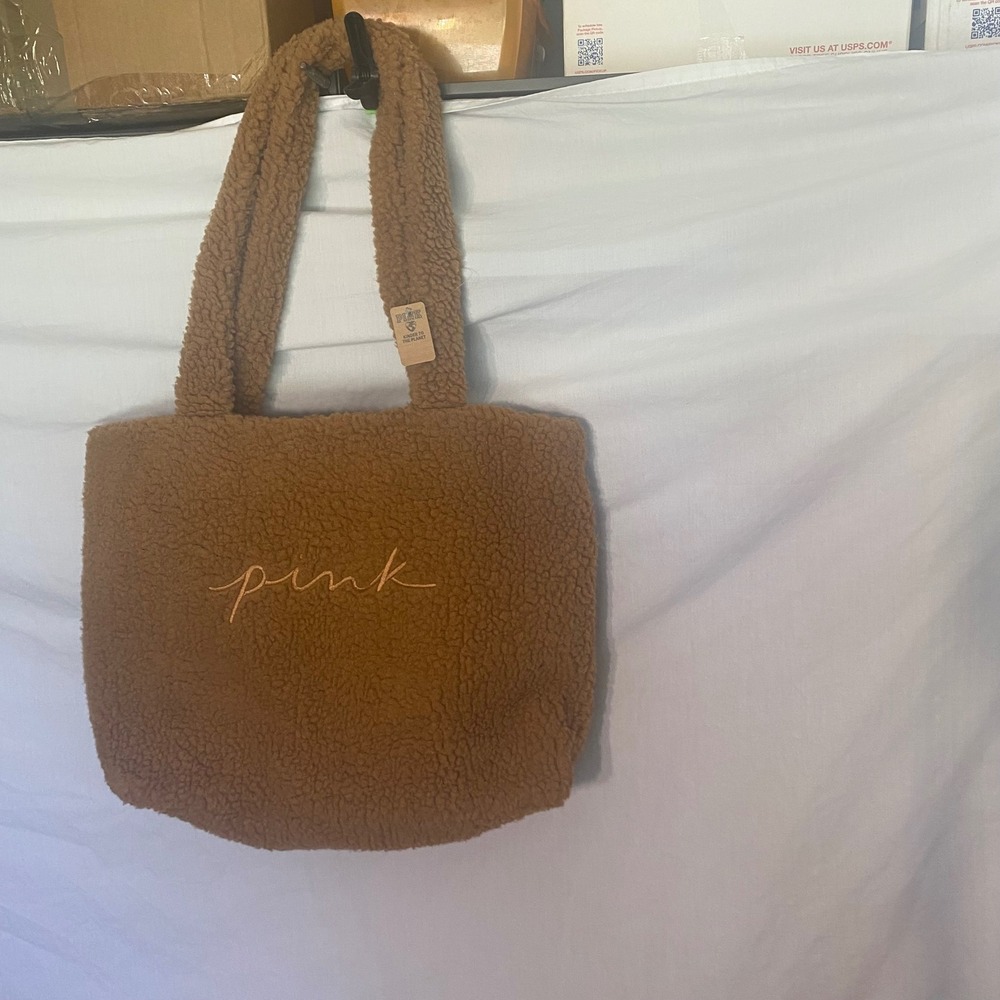 Victoria's Secret PINK Brown Sherpa Teddy Tote Bag Kinder to the Planet NEW